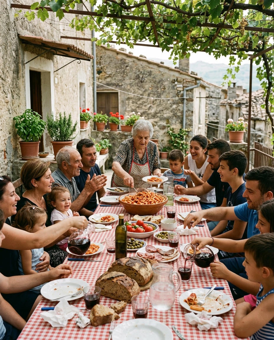Família italiana reunida à mesa, com a avó a servir uma travessa de massa